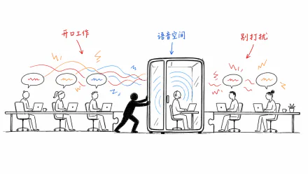 小黑把语音舱像缺失拼图一样推入开放工位，让混乱声波变成可控的语音空间